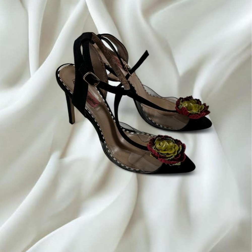 Betsey Johnson black suede pointed toe heels clear floral detail y2k mcbling
